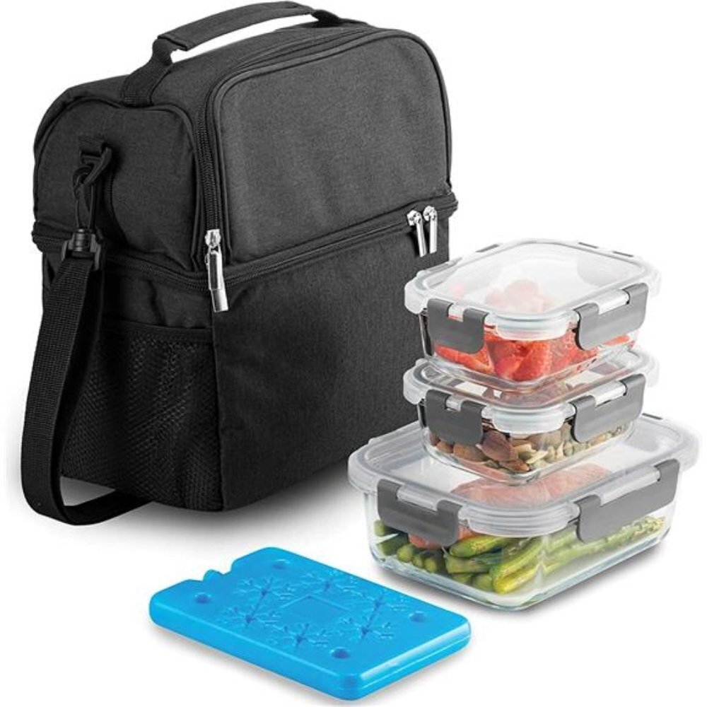 Lunch Bag with Glass Container - Lunch Box for Women and Men - Leakproof (Black)